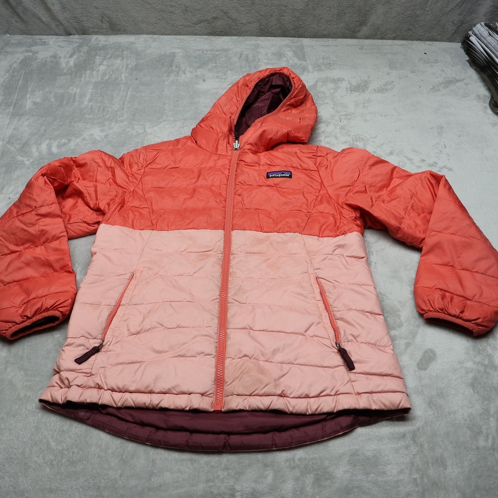 Patagonia Jacket Youth Large 12 Pink Reversible Down Sweater Hoody Light Puffer